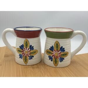Clay Art Floral Mug Set of 2 Hand Painted Folk Art Style Red Blue Green Rim